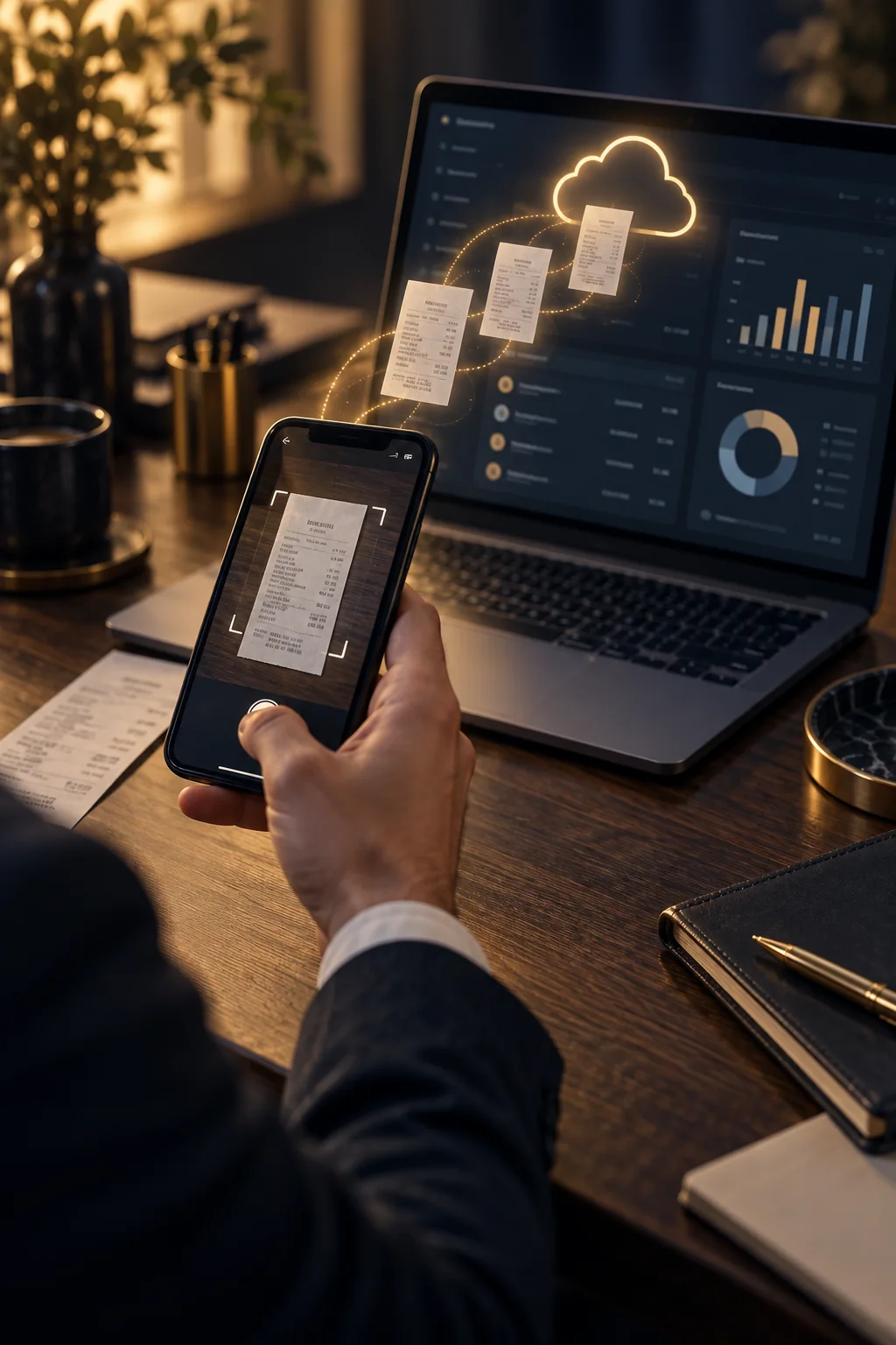 A phone scanning a receipt beside a laptop showing a cloud accounting dashboard