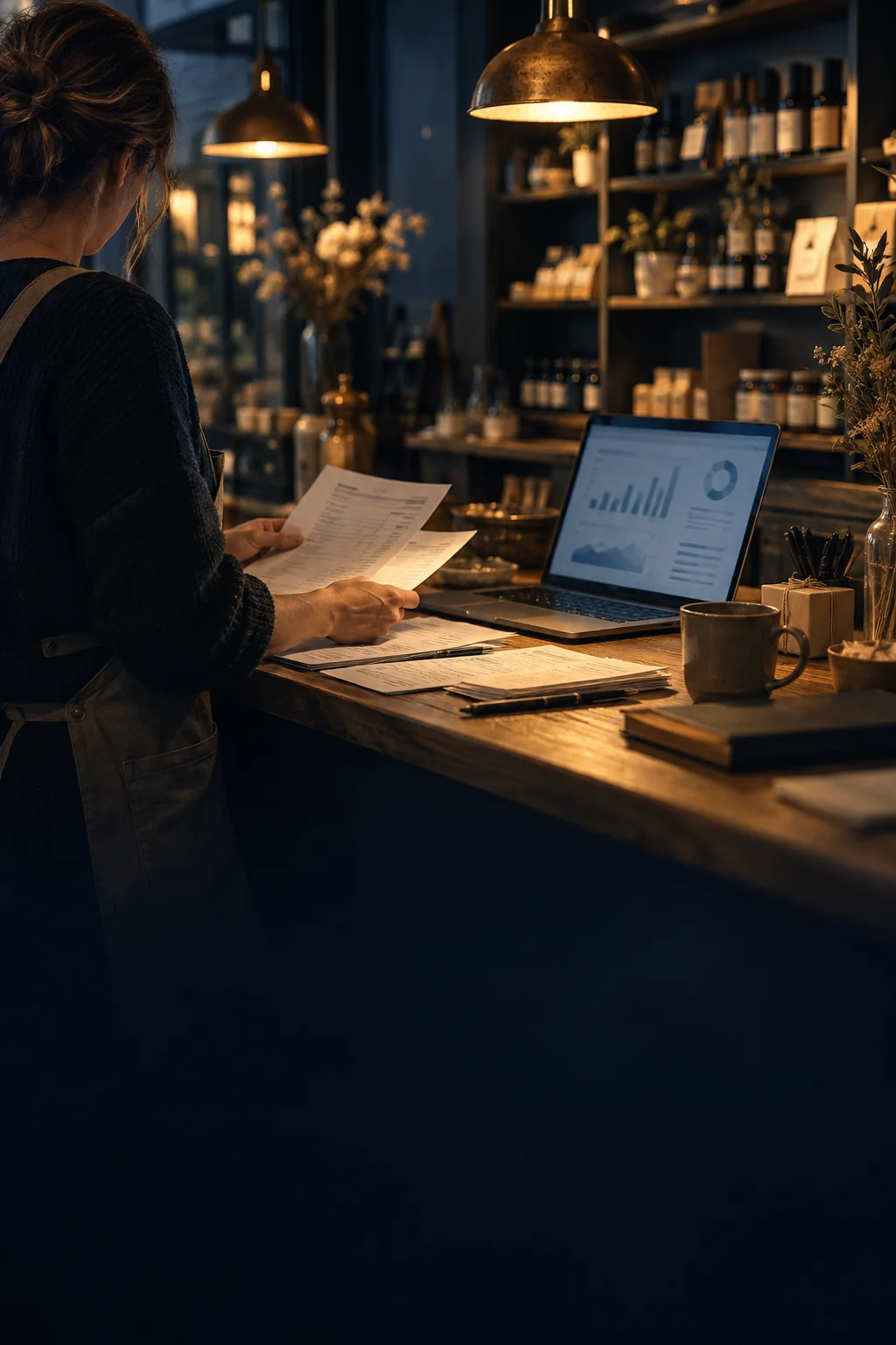 A shop owner reviewing invoices beside a laptop after closing