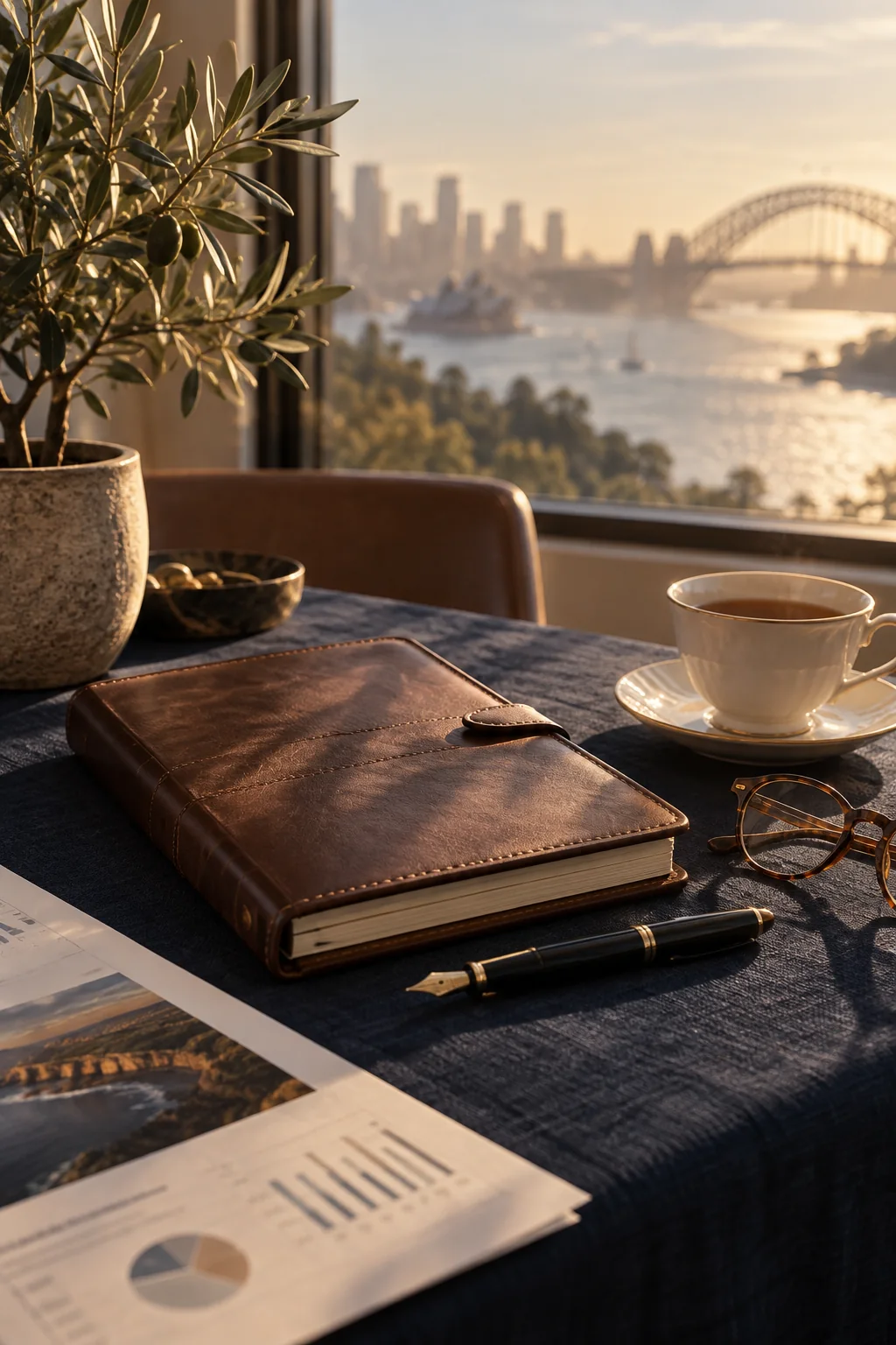 A planning journal, fountain pen and cup of tea by a window overlooking Sydney Harbour