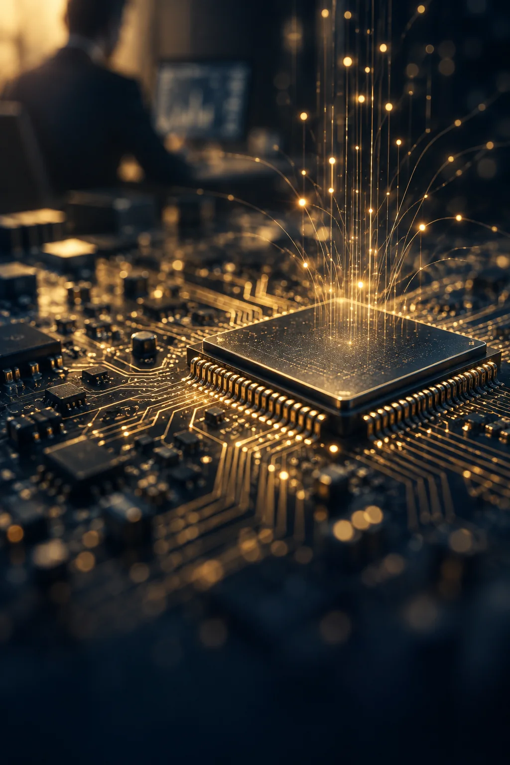 A circuit board with gold traces and glowing data lines