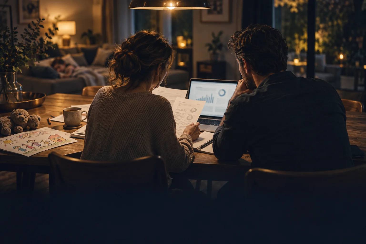 A couple reviewing household paperwork and a laptop at their dining table in the evening