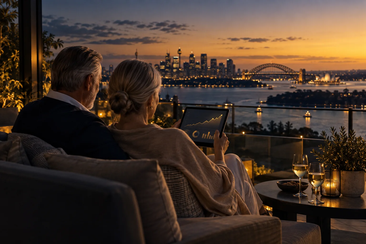 A mature couple reviewing an investment portfolio on a tablet on a harbour-view balcony at dusk